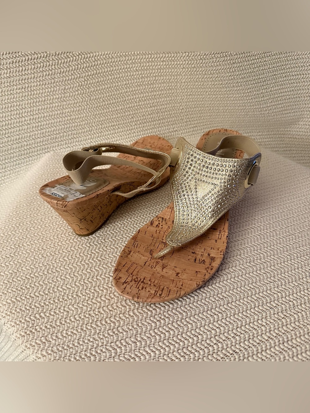 Rialto Allison Rhinestone Cork Wedge Sandals Womens Size 10 Gold Slingback Thong